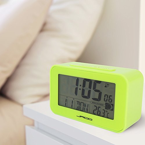 Jago Funkwecker mit Mondkalender und Temperaturanzeige mit LED-Hintergrundbeleuchtung und LCD-Display in vier verschiedenen Farben inkl. Snooze-Funktion und Datum Wochentag - 9