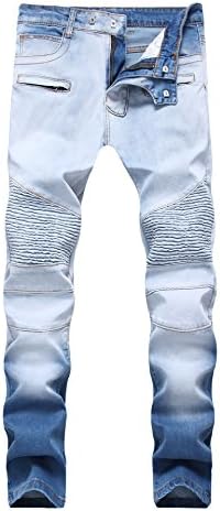 YiANKun Men's Stretch Fashion Biker Moto Slim Skinny Straight Fit Light Blue Distressed Jeans W38