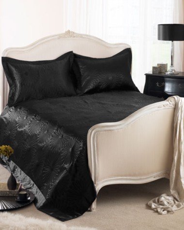 BLACK SATIN BEDSPREAD THROW SET DOUBLE / KING SIZE