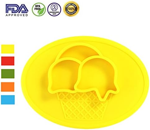 One-piece Silicone Placemat,Highchair and Travel Feeding Tray Portable Baby Suction Placemat Silicone Divided Plate Baby Weaning Food Plate Age 6 Months+,Yellow Icecream