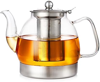 Borosilicate Glass Teapot with Stainless Steel Tea Infuser/Filter/Strainer and Lid, Juice Water Kettle, Hot/Iced Carafe Water Jug, Loose Leaf Tea Pot, Coffee Pot, Stovetop Safe - 1200ML 42oz