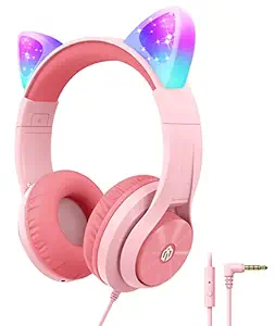 iClever Kids Headphones for Girls Over the Ear Headphone with Mic/Shareport, Wired Cat Ear Led Light Up Headphones,94dB Volume Limited, Foldable Headphones for Kids Girls Birthday Gifts/School/iPad/Kids Tablet/Travel ,Pink