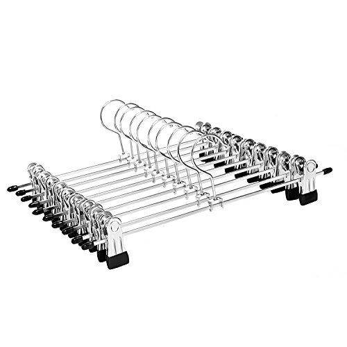Kleiderbügel Hosenbügel aus Metall für Kleiderschrank rutschfest, mit verschiebbaren Clips, verchromt Silber (10 Stück)