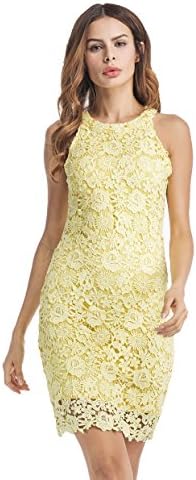 Women Pencil Dresses Yellow Lace Cold Shoulder Midi Bodycon Ladies Evening Party Dresses Bridesmaid Wedding Floral Dresses Sleeveless(Yellow,M)