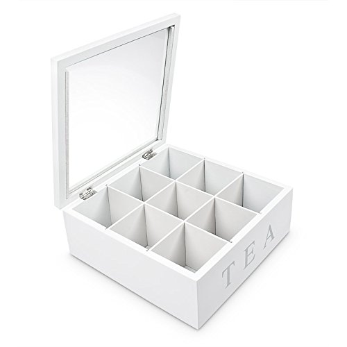 Teebox aus Holz | Teekasten in den Farben Weiß und Schwarz | Teekiste mit 6 Fächern oder als große Teebeutelbox mit 9 Fächern , Auswahl:Weiß mit 9 Fächern - 2