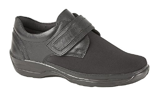 Abbey Ladies Leather Velcro Wide EEE Fit Shoes Black