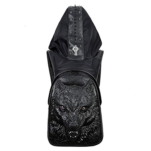 Long Mochila de Cuero para Hombres/Mujeres Mystery Hat Bag Mochila para computadora 3D Skull Waterproof Bag Creative PU Rivet Backpack, Unisex Outdoor Leisure Bag,Black