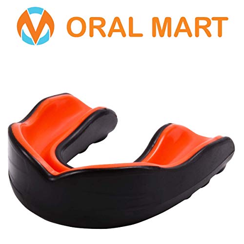 Oral Mart Sports - Protector bucal para niños - Protector bucal para jóvenes (Libre de BPA) para Karate, fútbol de Bandera, Artes Marciales, Rugby, Boxeo, MMA, Hockey (Negro/Naranja)