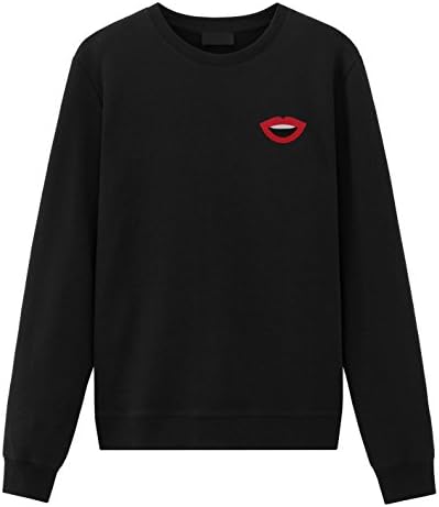 Red Lips Embroidered Sweatshirt Black Large