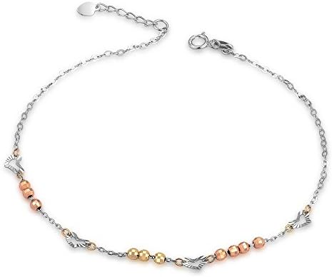 14ct Tri-Colour Yellow Rose White Gold Dainty Bead and Heart Anklet (23cm) Women Jewellery Valentines Day Anniversary Wedding Gift