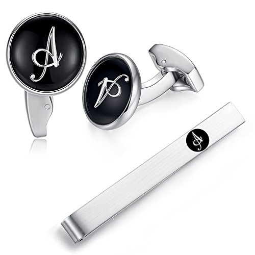 Initial Alphabet Letter Cufflinks Tie Clip Set for Mens - Black Round Stainless Steel, for Business Wedding Gift A - Z