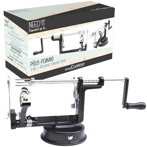 ScrapCooking - Sbuccia Mele 3-in-1 Need’it - Pela Mele in Metallo - Sbucciatore e Affettatore Professionale in Acciaio Inox per Pasticceria e Cucina - Sbuccia Mela a Manovella - Nero - 5255