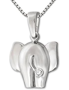 CLEVER SCHMUCK-SET Silberner kleiner Elefant 11 mm von hinten mit einem Zirkonia in weiß verziert glänzend mit...
