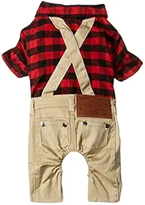 SMALLLEE_LUCKY_STORE Pet Clothes for Dogs Cat Red Plaid Shirts Sweater with Khaki Overalls Pants Jumpsuit Outfits