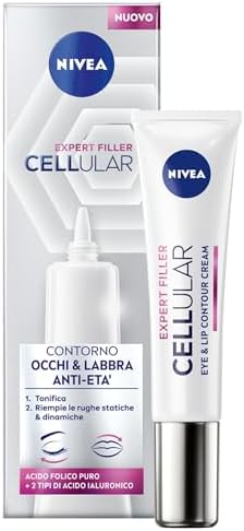 NIVEA CELLULAR EXPERT FILLER Contorno Occhi & Labbra Anti-Età 15ml, Crema contorno occhi e labbra rassodante, Contorno occhi antirughe e filler labbra con Acido Ialuronico e Acido Folico Puro