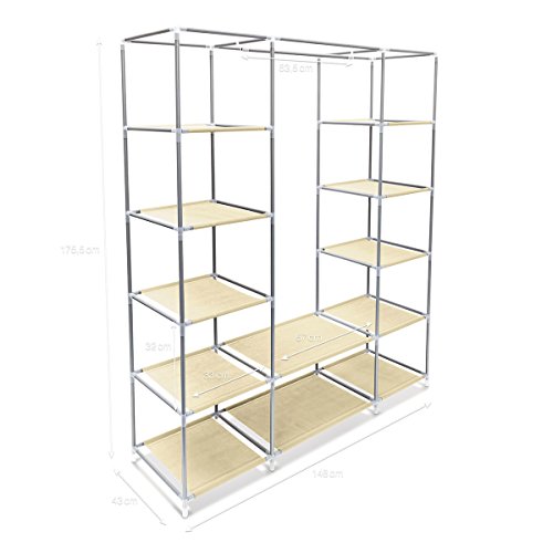 Relaxdays Faltschrank groß H x B x T: 175,5 x 148 x 43cm Stoffschrank mit Kleiderstange und 12 Ablagen als Garderobenschrank und Campingschrank zum Falten Kleiderschrank aus Stoff staubsicher, beige - 4