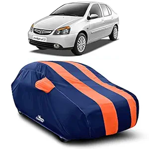 AARTRI - Water Resistant - dust Proof - car Body Cover for Tata Indigo ECS car Cover - Water Resistant UV Proof - car Body Cover (Strips Orange with Mirror Pockets)