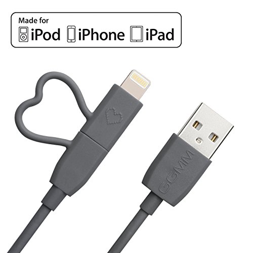 [Apple MFI Zertifiziert] GGMM 2in1 USB Lightning & Micro USB Kabel Verbindungskabel von Micro USB und Lightning Anschluss auf USB, 1M Apple Lightning Ladekabel für iPhone, iPad & iPod Rot, Android Geräte, Power Bank usw. (Grau)