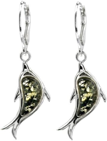 Green Amber Sterling Silver Dolphin Leverback Earrings
