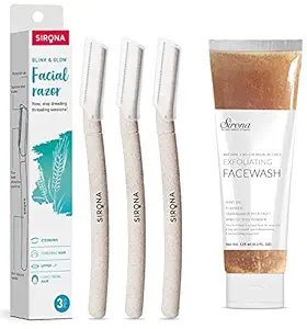 Sirona Blink and Glow Face Razor for Women - 3 Razors with Exfoliating Face Wash - 125 ml