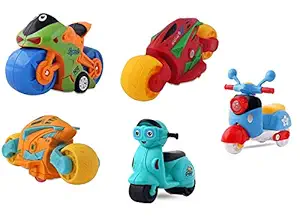 Gooyo Unbreakable Push N Go Exclusive Cartoon Toy Bikes| Crawling Toy for Kids & Children, Power Friction (Set of 5)