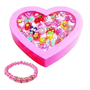 VIRTUAL WORLD 36 Piece Trendy Mix Ring Pretend Play Toy Fancy Finger Plastic Alloy Rings with Pink Heart Shape Box for Girl (Age 2-14 Years) Bracelet Inside