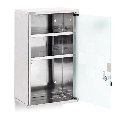 Relaxdays EMERGENCY Medizinschrank XL extra tief aus Edelstahl HxBxT: ca. 50,5 x 30 x 18 cm mit 3 Fächern und Glas-Tür zum Abschließen mit 2 Schlüsseln für kindersichere Medikamenten-Lagerung, silber - 3