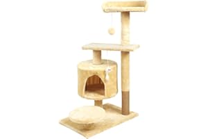 FENIXSHOP24 Tiragraffi angolare per gatti alto 88 cm, con corda in Sisal e peluche è fornito inoltre di una comoda e accogliente cuccia - Beige