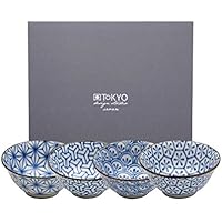 Tokyo Design Studio Kristal, 4 cuencos 15 cm, en Juego, Color Azul y Blanco