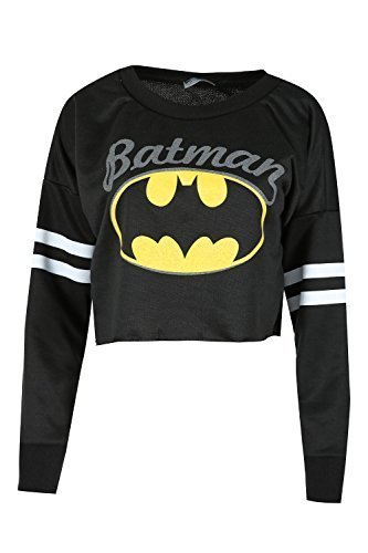 Damen-Batman-Aufdruck-Baggy-bergre-Streifen-Langrmlig-Rundhals-Bauchfreies-Top-Damen-Sport-Sweatshirt-Schwarz-SM-3638