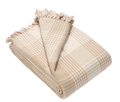 EHC Premium Reversible 100% Cotton Large 225 x 250 cm Tartan Throws for Sofa, Bedspread, Beige, King