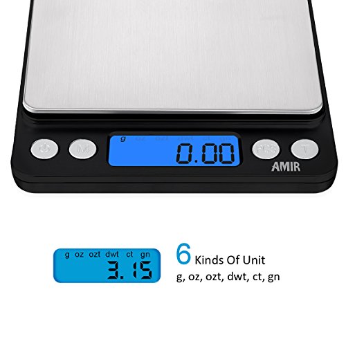 AMIR 500*0.01g Digitale Taschenwaage, Feinwaage mit beleuchteter LCD-Anzeige, PCS Funktion ( Schwarz) - 5