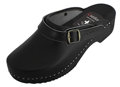 aveente - Zuecos de piel y forma natural, de madera, con hebilla Negro Size: 45 EU