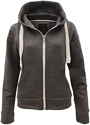 New Ladies Plain Hoddie Women Girls Zip Up Hooded Top Basic Sweatshirt Jacket (Grey, Large)