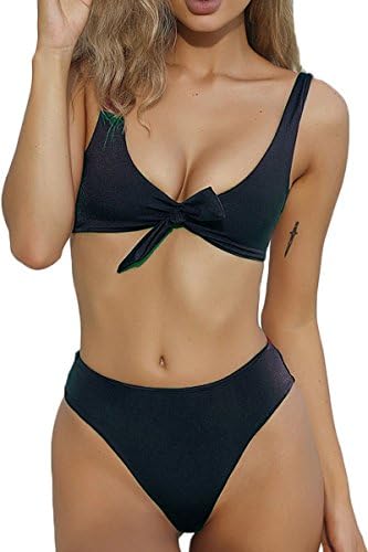 AHOOME Womens Bikini Tie Knot Front High Waist Thong Bandage Swimsuit Halter V Neck 2PCS Swimwear Pure Color Beachwear(Black M)