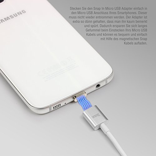 Original Urcover® Tech Magnetisches USB Ladekabel Micro USB Snap Silber [ FAST CHARGING ] mit LED Statusanzeige für Android Smartphones und Tablets - 5