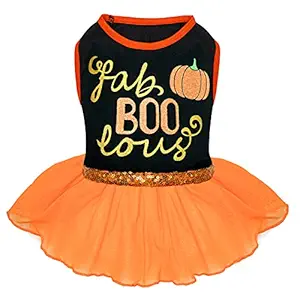 cyeollo Halloween Dog Dress Doggie Holiday Party Outfits Pumpkin Fab Boo Lous Dog Skirts Orange Size L