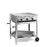 Gasgrill Kombibräter 11 kW mit Rost, Stahlpfanne & fahrbarem Gestell (Grillwagen), mit drei stufenlos regelbaren Brennern.