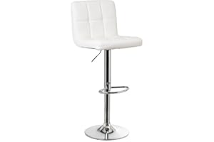 LOLAhome Taburete Alto de Cocina Giratorio en 360°, Sillas de Bar Regulable en Altura de 93 a 113 cm, con Respaldo de Polipiel, Estructura Metal y Reposapiés, Blanco
