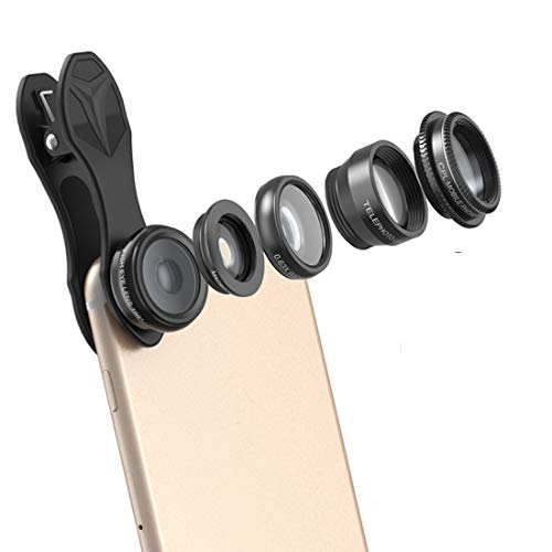 Ofliery 5 in 1 Smartphone Camera Lens Kit Wide-angel Lens+Macro Lens+Fisheye Lens+Telephoto Lens+CLR Lens for Most Smartphones and Tablet