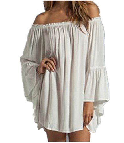 ZANZEA Women's Sexy Summer Casual Chiffon Long Sleeve Off Shoulder Beach Mini Top Dress White L