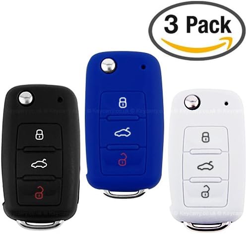 3 Pack Silicone Car Key Cover / Holder - Universal Accessories for Volkswagen VW Golf, Passat, Bora, New Beetle, Scirocco, Jetta, Touran, Fox, Polo, Tiguan, Eos, Sharan, Touareg, Phateon, Caddy, T5, Amarok, Lupo, Seat Altea, Alhambra, Leon, Ibiza,Exeo, Cordoba, Arosa, Skoda Octavia, Fabia, Superb, Roomster, Yeti (black, blue, white)