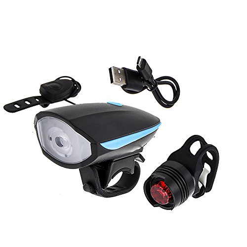 Agapo LED Fahrradlampe Set mit klingel Fahrradhorn Fahrradhupe mit 2 Tönen Frontlicht und Rücklicht Wiederaufladbare 250lm 3 Licht-Modi