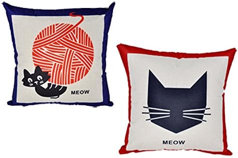 OSPI Set of 2 White Ground Color Printed Cushion Cover Home Decoration Cushion Pillow Case Cover 45cm*45cm Cartoon Cat Figure Blue&amp;Red Cushion Cover