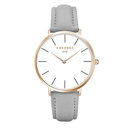 Clásicos Fashion Hombres Mujeres Relojes - Correa de PU Piel Analógico Cuarzo Relojes de Pulsera para Unisexo, Gris-Rosa Dorado