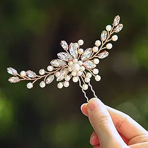 Unicra Bride Wedding Crystal Hair Pins Pearl Bridal Hair Pieces Rose Gold Wedding Flower Hair Accessories for Women and Girls