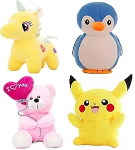 Teddyzone Combo Pack of 4 Cute Soft Toys for Baby (Red Capteddy, Yellow Unicorn, Pikachu , Penguine)