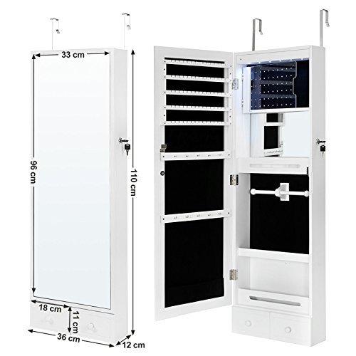 Songmics Schmuckschrank Türmontage / Wandmontage mit LED Beleuchtung weiß JBC28W - 5