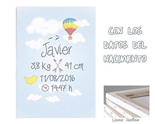 Lienzo personalizado con los datos de nacimiento del bebé. Regalo original y decorativo, acertarás seguro! Un bonito detalle para celebrar la llegada de un recién nacido.