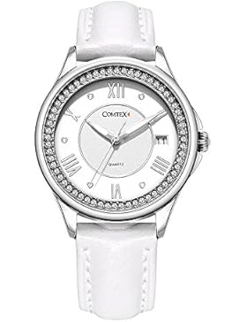 Comtex Mädchen-Armbanduhr mit Weiß Lederband Römischen Ziffern Wasser Resistent Kalender